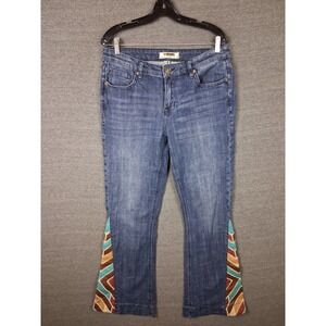 Rock Roll Womens Jeans 30x34 Blue Denim Flare Leather Insert Southwestern Native